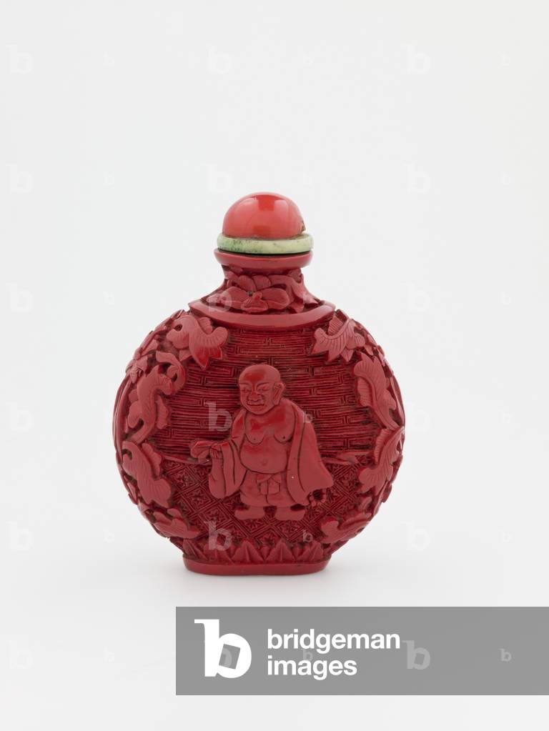 Snuff bottle and stopper (lacquer, stone)