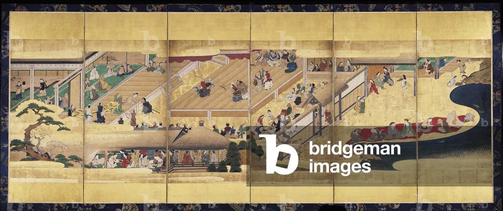 Noh Play: Funa Benkei (ink, colours and gold on paper, six-panel screen)