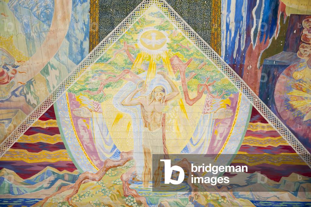 Christianity; modern; art; colourful ceiling painting by Lous Mohr “”” Trinity””””; 1938; painting of Jesus Christ inside Oslo Cathedral; Oslo Domkirke; Oslo; Norway; Scandinavia; Northern Europe; Europe