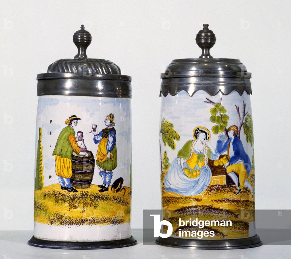 Franconian Museum Feuchtwangen Middle Franconian Bavaria Germany collection of faiences crocks (pots) of Crailsheim with two carousers and lovers from 1801