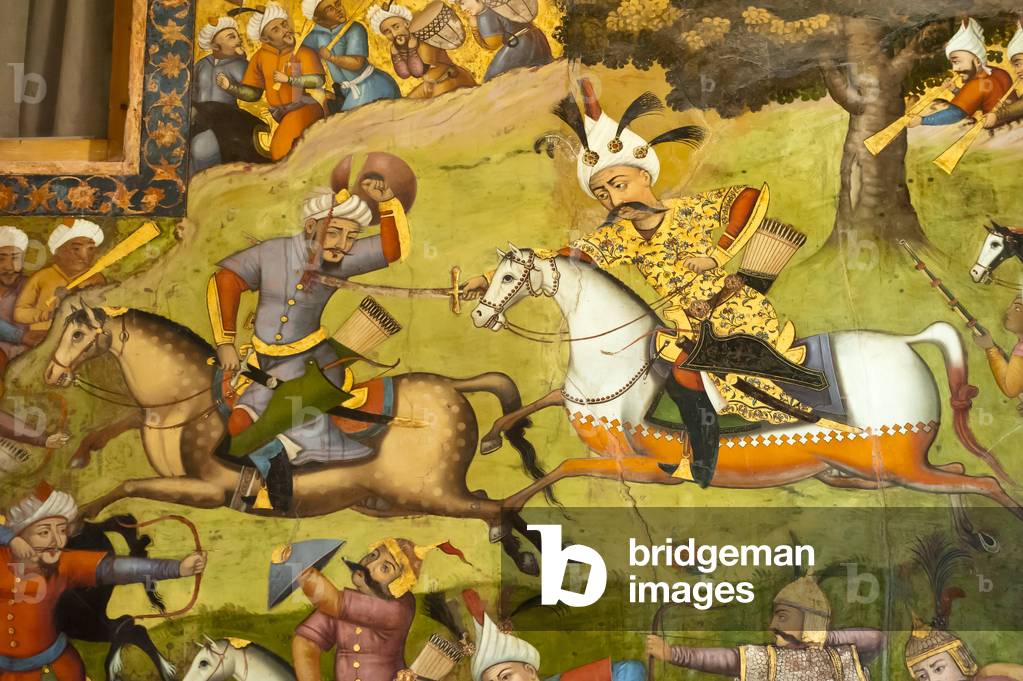 Fresco; Shah Ismail on a white horse at the battle of Taher Abad; 1510; against the Uzbeks in Merv; Chehel Sotoun; Forty Pillars Palace; Isfahan; Iran; Asia