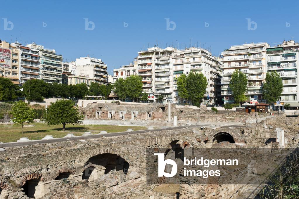 Roman Agora or the Roman Forum in front of modern residential houses; historic centre of Thessaloniki; Central Macedonia; Greece; Europe