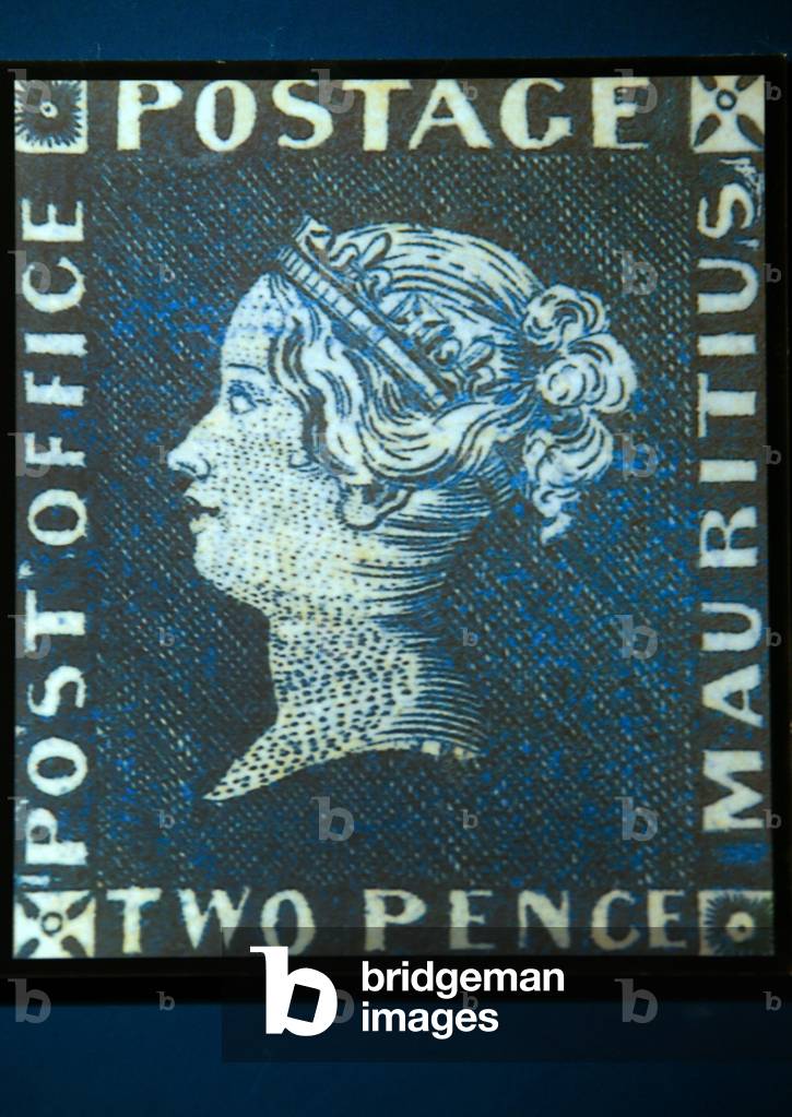 Blue Mauritius postage stamp, 1847 (colour engraving)