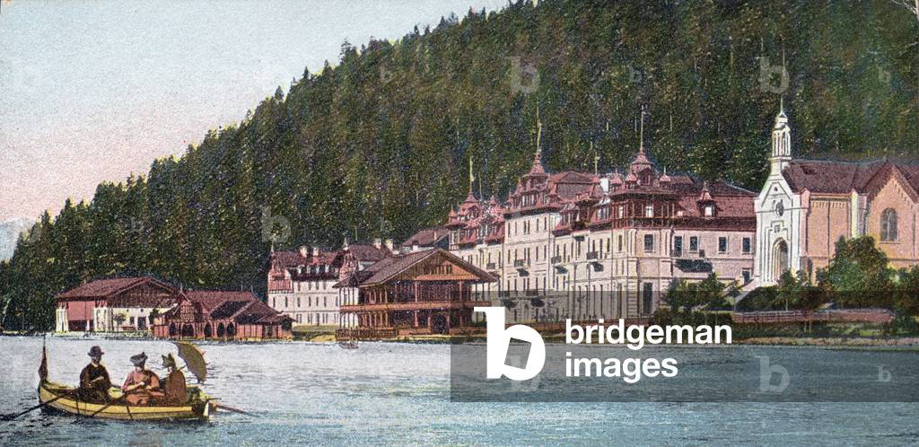 Postcard color around 1900: Hotel Scholastika on Lake Achensee in Tyrol in Austria