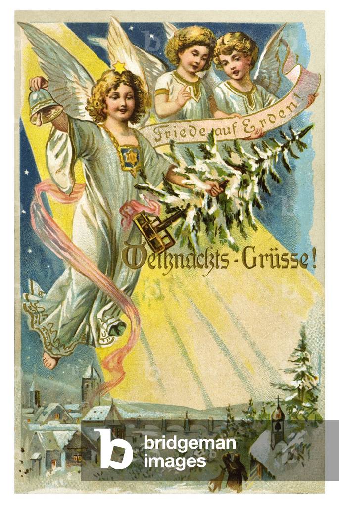 Christmas greeting card with angel. Chromolithography