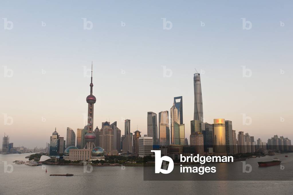 Skyline with skyscrapers; Oriental Pearl Tower television tower; Shanghai Tower; Jin Mao Tower; Huangpu River; Puong; Shanghai; China; Asia