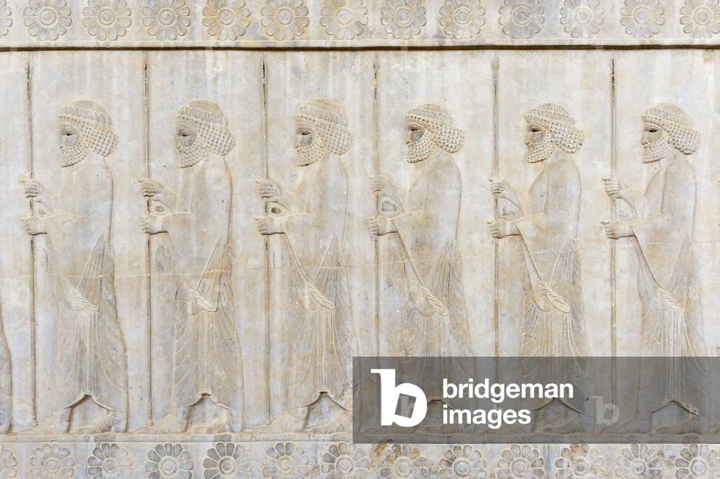 Ancient relief of the Achaemenids; soldiers of the Immortal Guard with lances; Apadana Palace; archaeological site; ancient Persian city Persepolis; UNESCO World Heritage Site; Fars Province; Iran; Asia