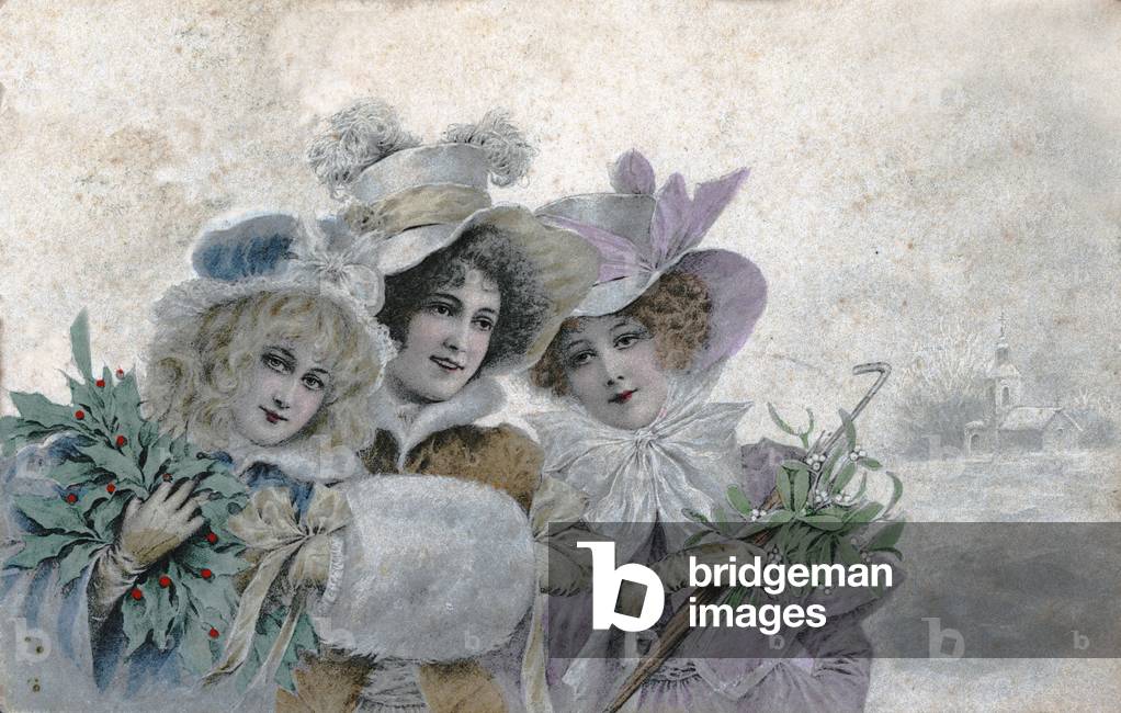 Grußkarte mit drei jungen Frauen (die drei Grazien) in Belle-Epoque-Mode, die Hüte mit breiter Krempe tragen u