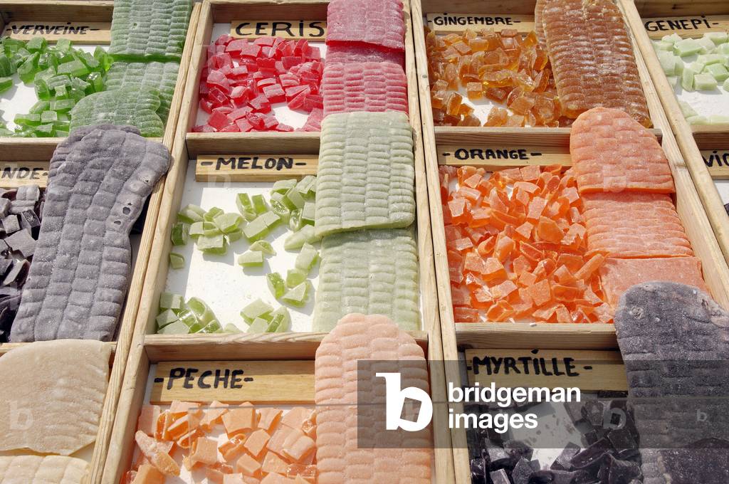 Market stall with different kinds of candy, Provence, Southern France, Europe.