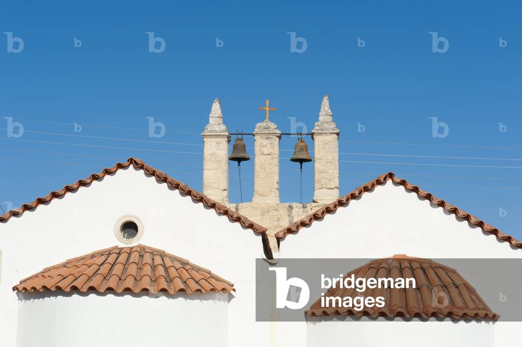 Panagia and Sotiras church; a two-bay Greek Orthodox church in Roustika; bell tower; Crete; Greece; Europe