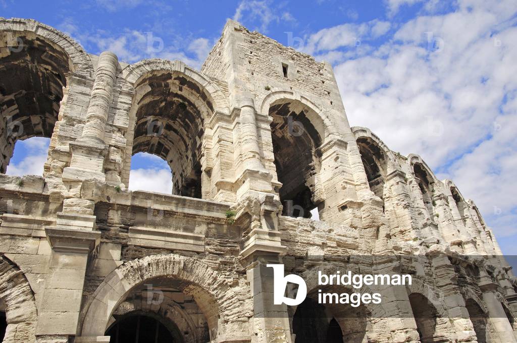 Amphitheatre Romain uses as bullfighting arena in Arles, Bouches-du-Rhone (Bouches du Rhone), Provence-Alpes-Cote d'Azur (Provence Alpes Cote d'Azur), France. Photography