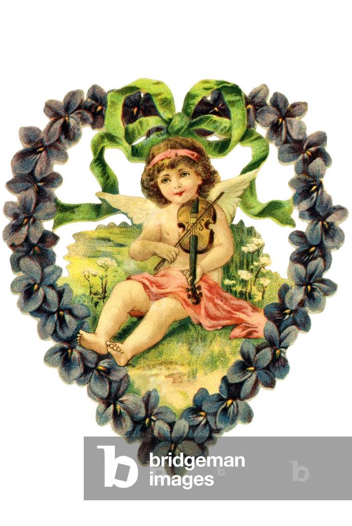 Angel with violin in a heart made of violet flowers.