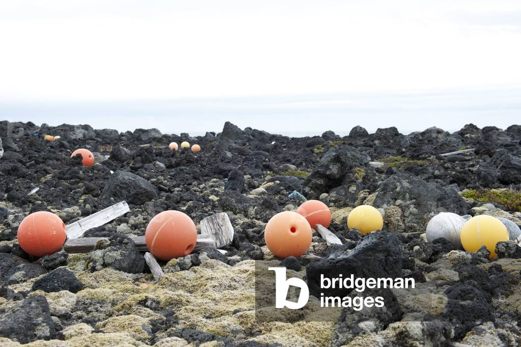 Buoys; swimmers; floating debris; stranded goods; near Dritvik; Snaefellsnes peninsula; Island; Iceland; Scandinavia; Northern Europe; Europe