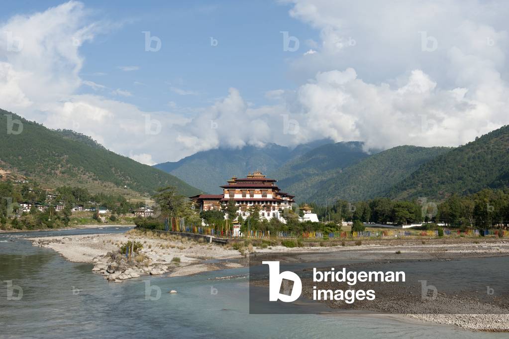 Tibetan Buddhism; fort-monastery by the river; Dzong; forested mountains; Punakha; the Himalayas; Kingdom of Bhutan; South Asia; Asia