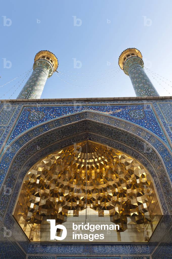 Colourful ornamented minarets; gateway Ivan decorated with golden stalactites; Fatima Masumeh Shrine; Ghom or Qom Shiite pilgrimage; Iran; Asia
