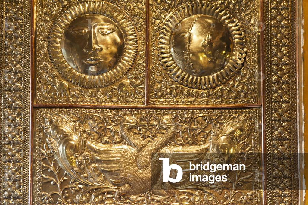 Buddhist symbols; sun; moon and two peacocks; gilded portal to the inner sanctum; Sri Dalada Maligawa; Temple of the Tooth; Kandy; Central Province; Sri Lanka; Asia