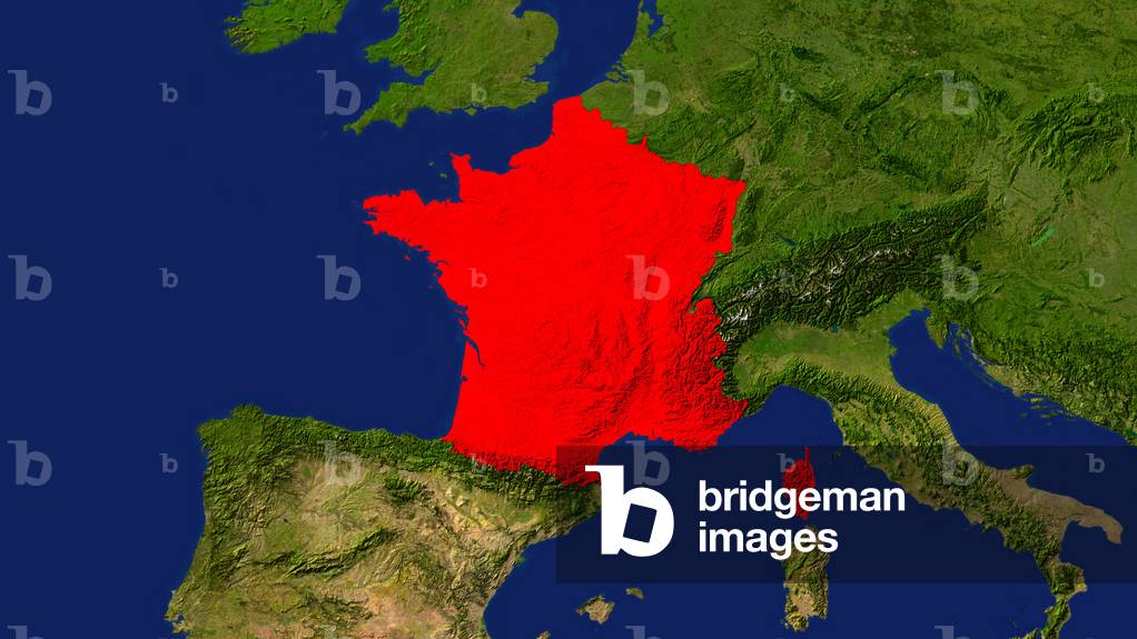 Synthesized image: geographic map representing France in red.