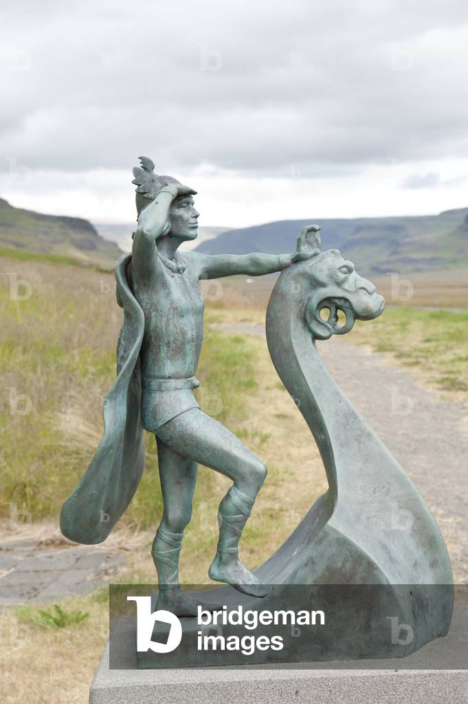 Leifur Eiriksson; Leif Ericson; small bronze statue; Eiriksstadir; Eiriksstadir; Iceland; Scandinavia; Northern Europe; Europe