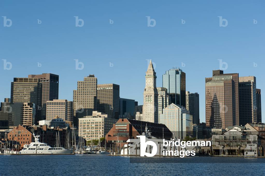 Skyline with Custom House Tower; Financial District; Commercial Wharf; view from Boston Harbour; Boston; Massachusetts; New England; USA; North America