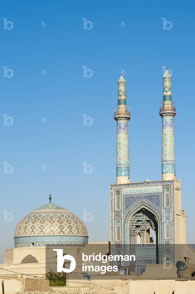 Dome and entrance porch with double minaret; Jame Mosque or Friday Mosque; Yazd; Iran; Asia