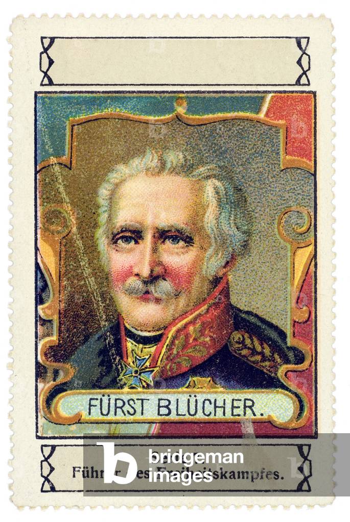 German stamp with the effigy of Gebhard Leberecht von Blucher (1742-1819) German commander at the Battle of Waterloo. Chromolithography series “Fuehrer des Freiheitskampfes””, beginning 20th century