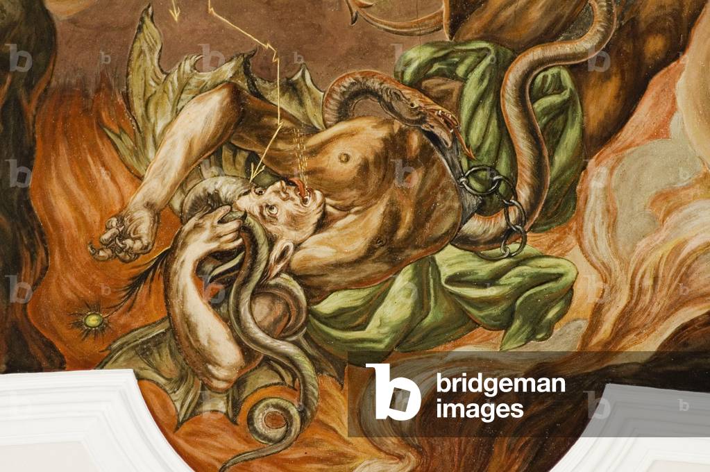 The Archangel Saint Michael with demons in hell. Fresco. Ellmau at the Wilden Kaiser Tyrol Austria church St. Michael.