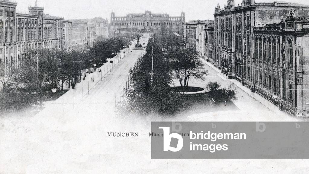 Postcard around 1900 view of the street Maximilianstrasse in Munich in Baviere, Germany.