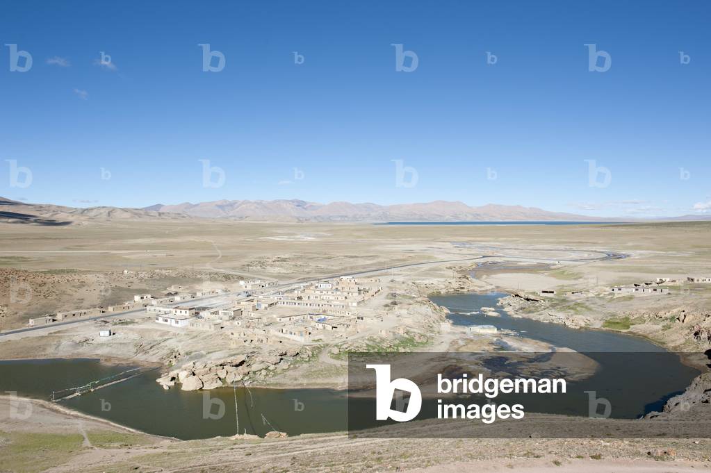 Chiu Gompa settlement on Lake Manasarovar; Lake Rakshastal at the back; Lanka Tso; Ngari Prefecture; Gangdise Mountains; Trans-Himalaya mountain range; Himalayas; west Tibet; Tibet Autonomous Region; People's Republic of China; Asia