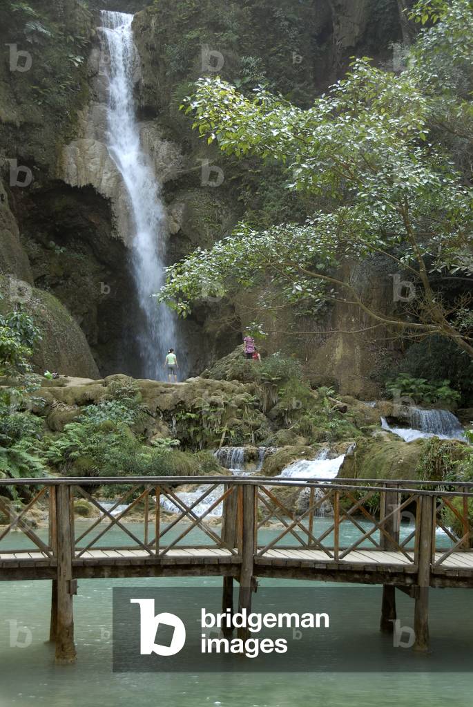 Wooden bridge in front of a waterfall; Khuang Si waterfalls; Tad Kuang Xi; Tat Kuang Si; Luang Prabang; Laos; Southeast Asia; Asia