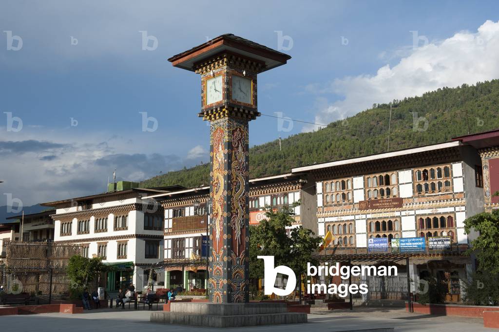 Clock tower square; town centre; capital of Thimphu; Kingdom of Bhutan; South Asia; Asia