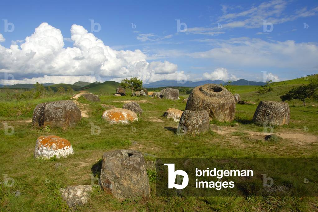Archeology; ancient large stone jars in the landscape; Jar Site 1; Thong Hai Hin; Plain of Jars; near Phonsavan; Xieng Khouang province; Laos; Southeast Asia; Asia
