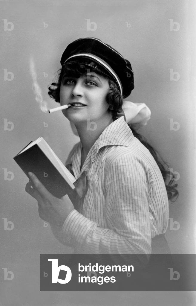 Portrait of a young lady with book and cigarette.