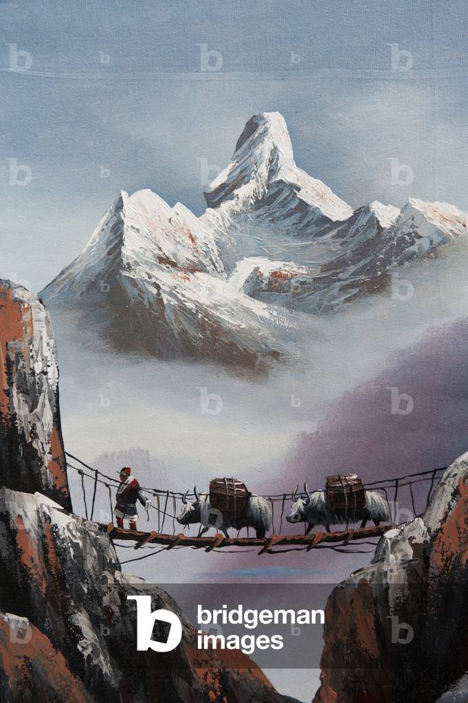 Painting; yaks on suspension bridge at Mount Ama Dablam; Himalayas; Art Gallery in Kathmandu; Nepal; Asia