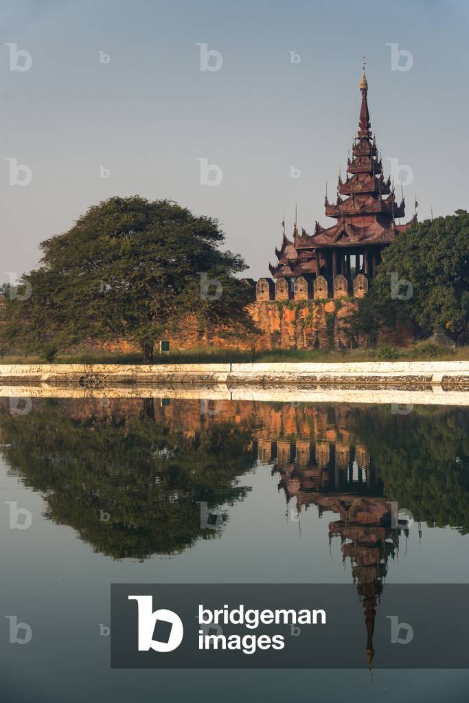 Bastion at Mandalay Palace with reflections, Mandalay, Mandalay Region, Myanmar