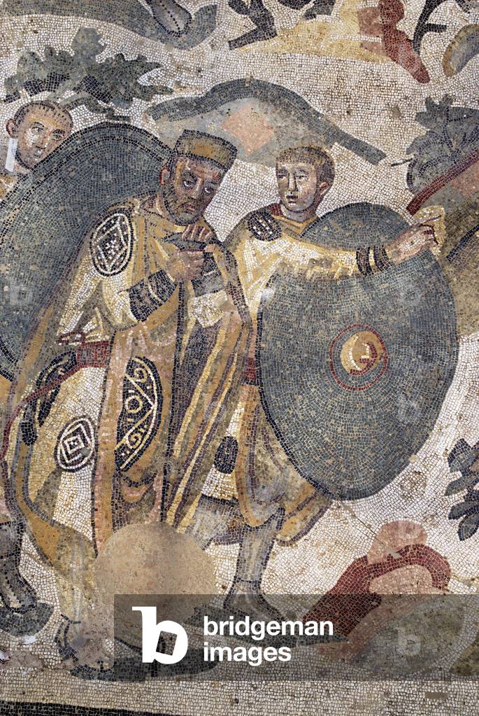 Roman art: detail of the mosaic “” The great hunting part””. A lord during the hunt. 315-350 AD. Piazza Armerina, Villa Romana del Casale. Sicily, Italy.