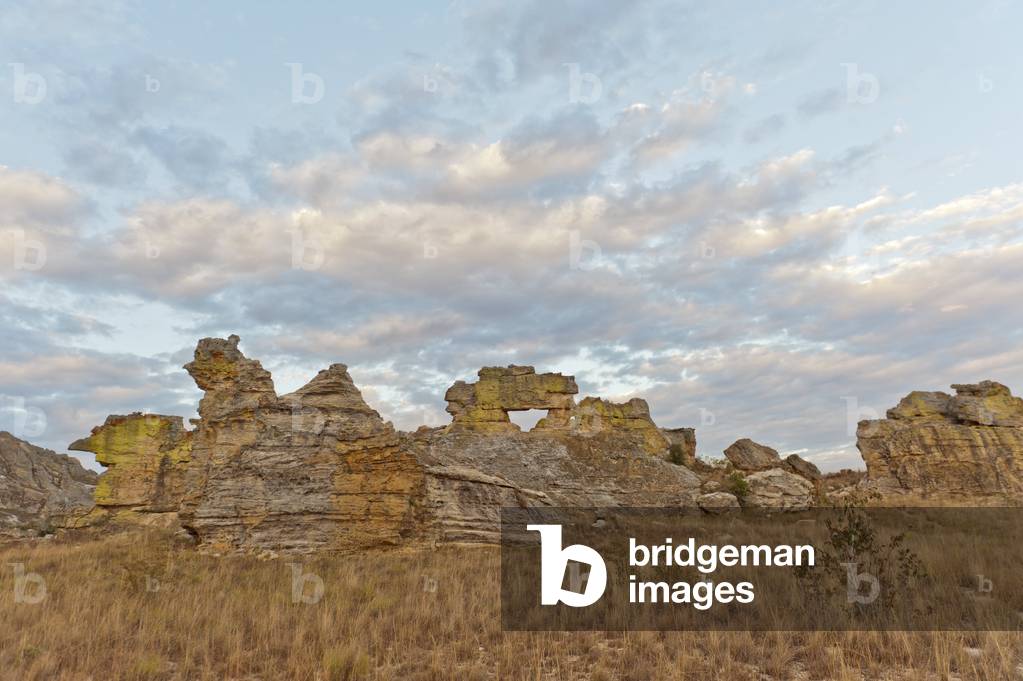 Rock formation La Fenetre d'Isalo at dusk; Isalo National Park; at Ranohira; Madagascar; Africa