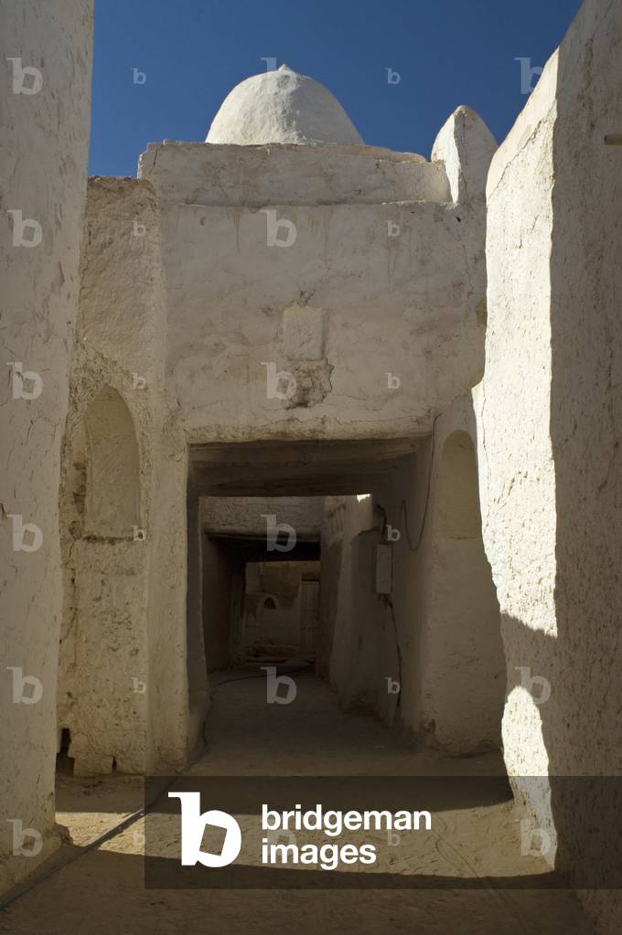White mosque in the historic center of Ghadames, Ghadamis, Libya