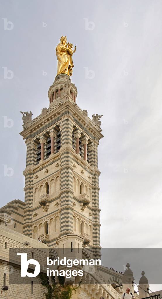 Church of Notre Dame de la Garde (Notre-Dame-de-la-Garde), also called “Bonne Mère”, and bell tower with statue of virgin and child, Marseille, Bouches-du-Rhone (Bouches du Rhone), Provence-Alpes-Cote d'Azur (Provence Alpes Cote d'Azur), France. Photography
