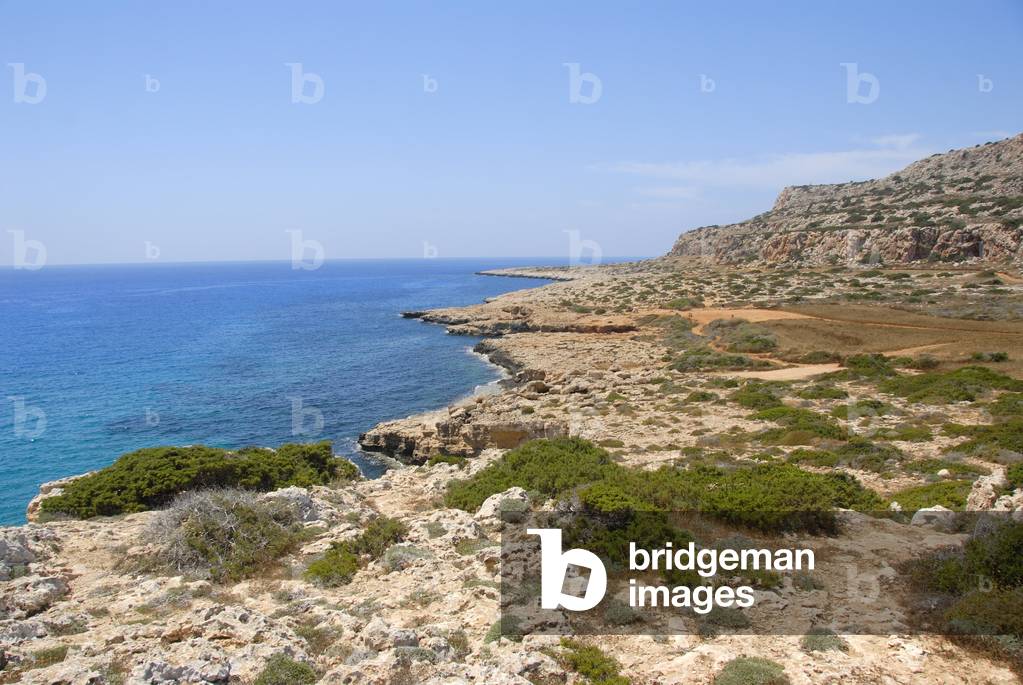 Rock coast; cliffs and blue sea; Cap Gkreko; Cape Greco in Ayia Napa; Southern Cyprus; Republic of Cyprus; the Mediterranean; Europe