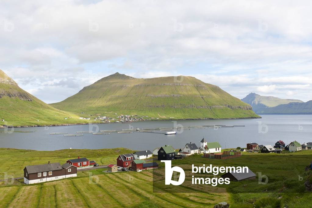 Village with meadows along the fjord; Hellur; Eysturoy island; Faroe Islands; Foeroyar; Denmark; Europe