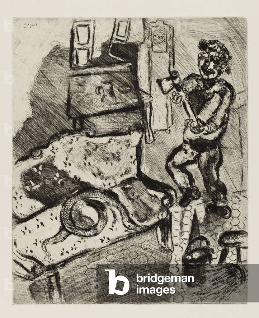 Image of Engraving depicting The Villager and the Snake, 20th century by Marc Chagall, b/w