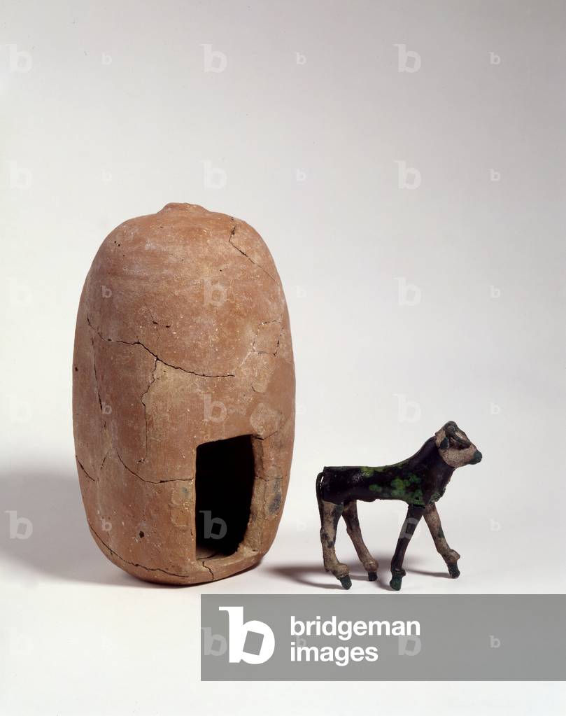The calf and its shrine, Ashkelon, Middle Canaanite period (pottery & silver-plated bronze)
