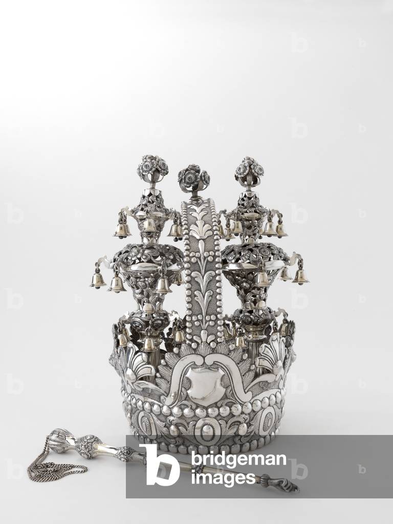 Basket-shaped Torah crown, finials and pointer, 1857-58 (silver)