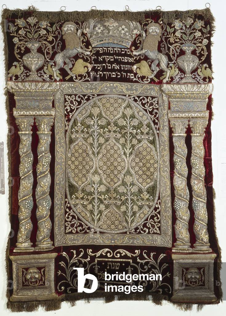 Torah Ark curtain (parochet), made in Manheim, Germany, 1729 (velvet, silk-thread embroidery and raised applique)