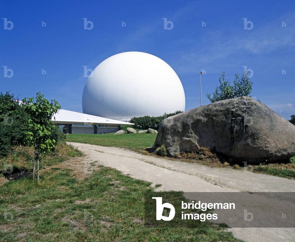 The Radome is the imposing white radar dome station for space communication in the planetarium of the