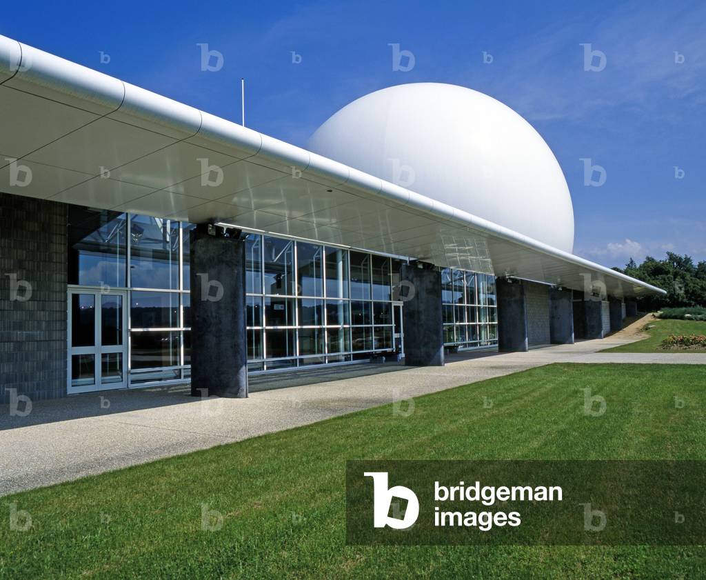 The Radome is the imposing white radar dome station for space communication in the planetarium of the