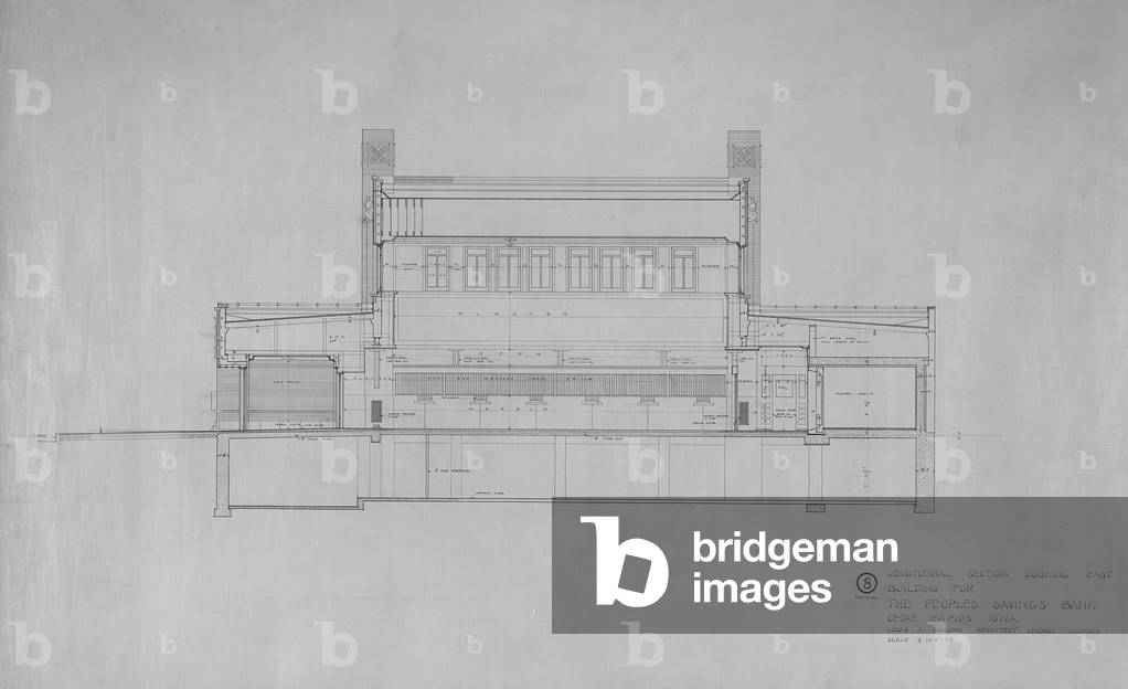 Peoples Savings Bank, Cedar Rapids, Iowa: Longitudinal Section Looking East, 1909-11 (black & red ink on linen)