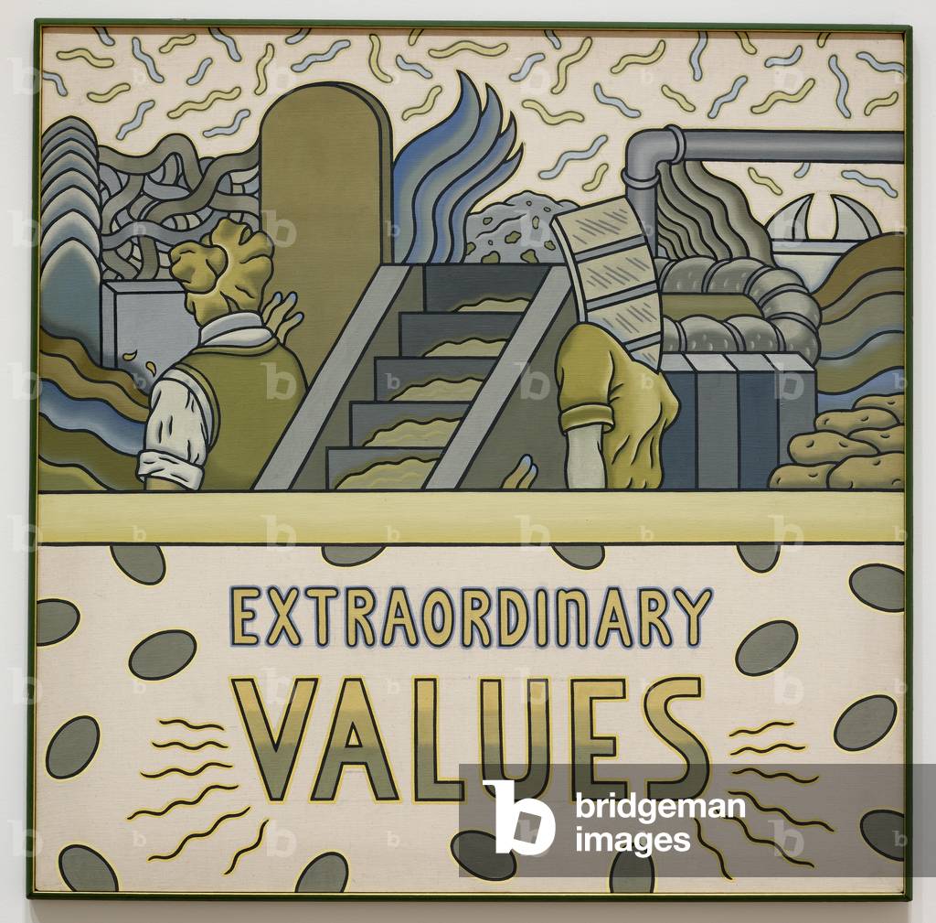 Extraordinary Values, c.1970  (acrylic on canvas, in hand-painted frame)