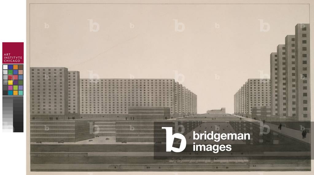Highrise City (Hochhausstadt): Perspective View: East-West Street, 1924 (ink & w/c on paper)