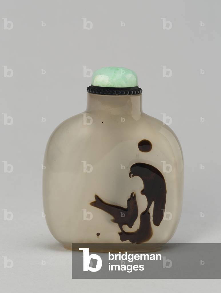 Snuff Bottle with Two Hawks on Rockwork (shadow agate with carved decoration)